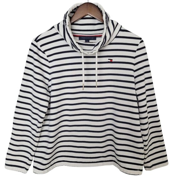Tommy Hilfiger Tops - Tommy Hilfiger Blue Stripe Funnel Neck Sweatshirt Womens Size M Classic Pullover